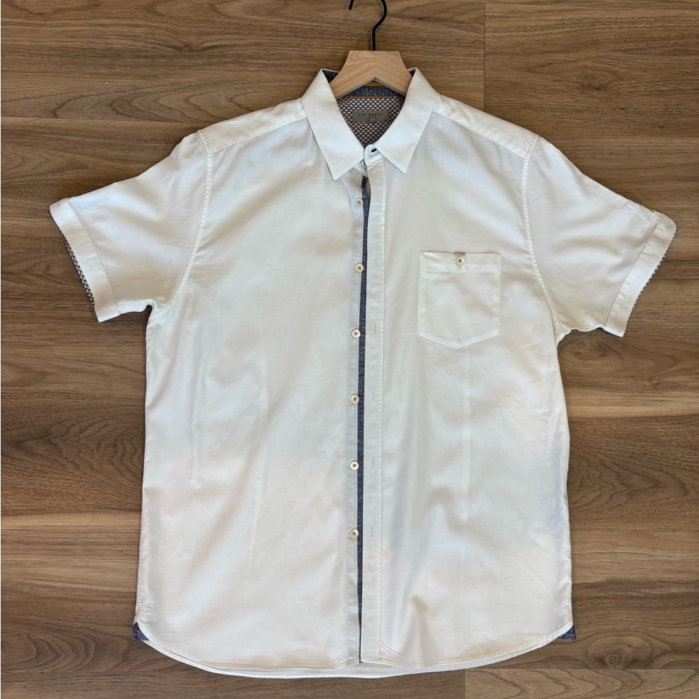 Ted Baker Men’s White Short Sleeve Button Down Shirt with Contrast Trim, XL